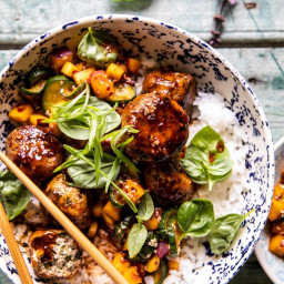 Sweet and Spicy Sesame Meatball Bowl with Mango Cucumber Salad.
