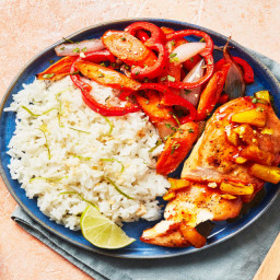 Sweet Chili Pineapple Chicken with Roasted Veggies, Ginger-Lime Rice & Pean