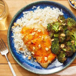 Sweet Chili-Saffron Cod with Garlic Rice & Roasted Broccoli