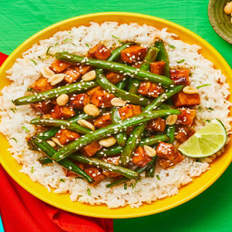 Sweet Chili Tofu Rice Bowls with Green Beans & Candied Peanuts