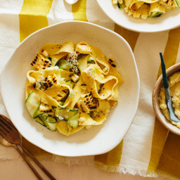 Sweet Corn Pesto Tossed with (50/50) Pappardelle + Zucchini Noodles