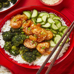 Sweet Heat Shrimp Tempura Bowls with Sesame Roasted Broccoli & Quick Pickle