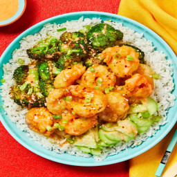 Sweet Heat Shrimp Tempura Bowls with Sesame-Roasted Broccoli & Quick Pickle