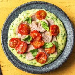 Sweet Italian Sausages and Blistered Tomatoes over Cheesy Kale Polenta