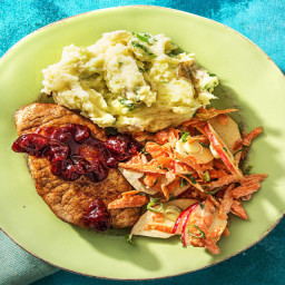 Sweet 'N' Smoky Pork Chops with Apple Carrot Slaw, Mashed Potatoes, and Che