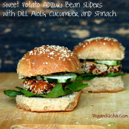 Sweet Potato Adzuki Bean Burger Gameday Sliders with Spinach, Cucumber, Dil