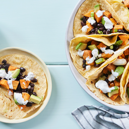 Sweet Potato and Black Bean Tacos with Blue Cheese Crema