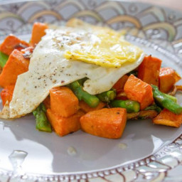 Sweet Potato Asparagus Hash with Fried Eggs