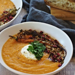 Sweet potato, carrot and cumin soup with pomegranate, roasted carrots and t