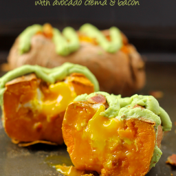 Sweet Potato Egg Boats with Avocado Crema and Bacon