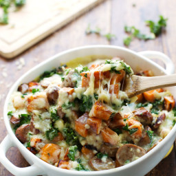 Sweet Potato, Kale, and Sausage Bake with White Cheese Sauce