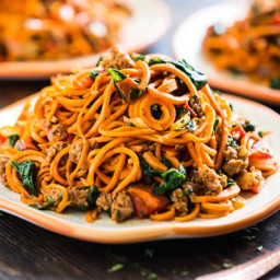 Sweet Potato Noodles with Chorizo, Roasted Red Pepper, and Spinach
