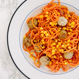Sweet Potato Pasta with Chicken Sausage and Corn