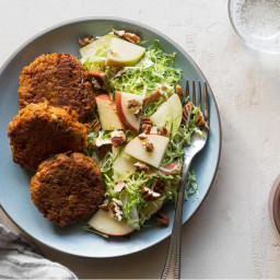 Sweet potato-scallion fritters with apple-Brussels sprouts slaw