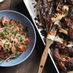 Sweet sticky spicy ribs with red onion salad