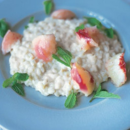 Sweet vanilla risotto with poached peaches and chocolate