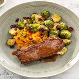 Sweetheart's New York Strip Steak with Sweet Potatoes, Brussels Sprouts, an