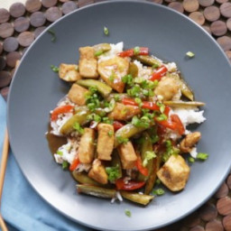 Szechuan Chicken, Peppers, and Peas on Rice Recipe