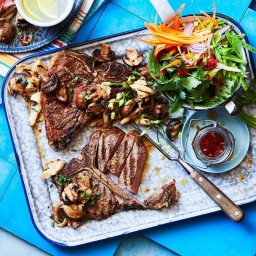 T-bone steaks with asian-style mushrooms