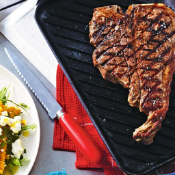 T-bone steaks with smoky barbecue sauce and corn salad