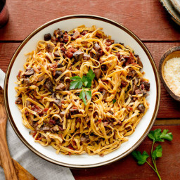 Tagliatelle With Mushrooms in Red Wine