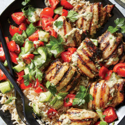 Tahini-Marinated Chicken Thighs with Cucumber-and-Tomato Salad