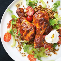 Tandoori chicken drumsticks with spiced tomato and lentil salad