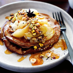 Teff pancakes with sweet dukkah and apple and pear compote
