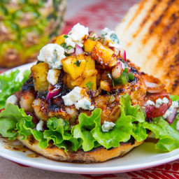 Teriyaki Shrimp Burgers with Grilled Pineapple Salsa, Bacon and Blue Cheese