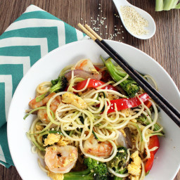 Teriyaki Zucchini “Fried” Noodles with Shrimp, Peppers, Onions and Broccoli