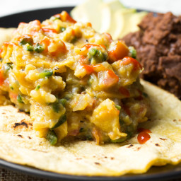Tex-Mex Migas With Scrambled Eggs, Tortilla Chips, and Chilies
