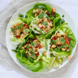 Thai Chicken and Bell Pepper Lettuce Wraps with Peanut Sauce