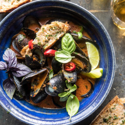 Thai Coconut Mussels with Garlic Lemongrass Toast