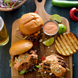 Thai Curry Turkey Burgers with Spicy Mayo and Coconut-Lime Slaw