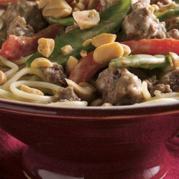 Thai Peanut Beef and Pea Pods Over Noodles