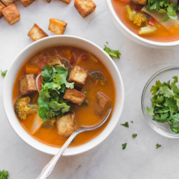 Thai Red Curry Vegetable Soup with Crispy Tofu