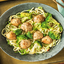 Thai-Spiced Pork Meatballs with Yakisoba Noodles and Broccoli