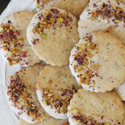 Thandai Shortbread Cookies Dipped in White Chocolate with Pistachios and Ro