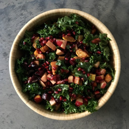 Thanksgiving Salad with kale, delicata squash, beet, apple and pomegranate