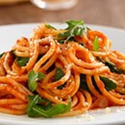 Thick Spaghetti with Marinara Sauce, Arugula and Parmigiano Cheese