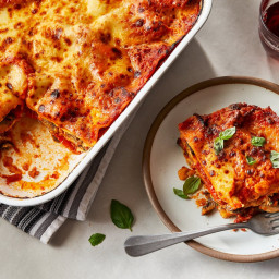 Three-Cheese Lasagna with Roasted Red Peppers and Mushrooms