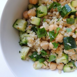 Toasted Israeli Couscous with Zucchini, Broccoli, Garbanzo Beans & Parmesan