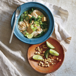 Tofu and Edamame Noodle Bowl with Caramelized Coconut Broth