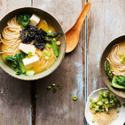 Tofu, soba and greens miso soup
