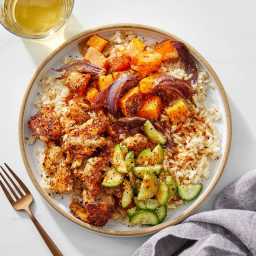 Togarashi Chicken & Brown Rice Bowls with Roasted Squash & Miso-Ses