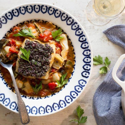Tomato-braised cod with chard, artichokes, and olive relish