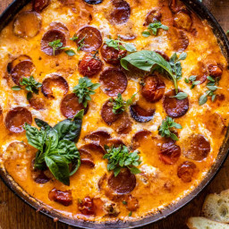 Tomato Burrata Pepperoni Pizza Dip.