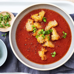 Tomato soup with herbed cream cheese croutons