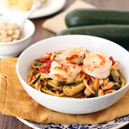 Tomato Zucchini Noodles with Shrimp, Roasted Artichokes and Cannellini Bean
