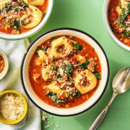 Tomatoey Tortelloni Soup with Italian Pork Sausage and Baby Spinach